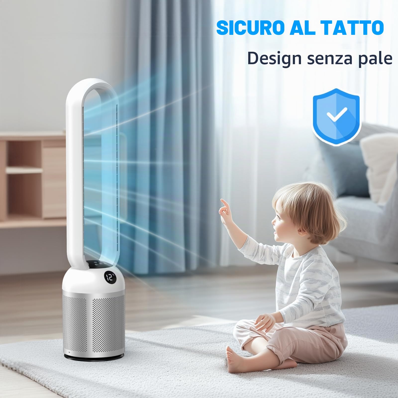 Ventilatore a Torre silenzioso, 24 Velocità, Oscillazione a 90°, Display a LED, Timer 12 Ore, Ideale per Camera da Letto, Ufficio, Soggiorno e Cucina (Argento)