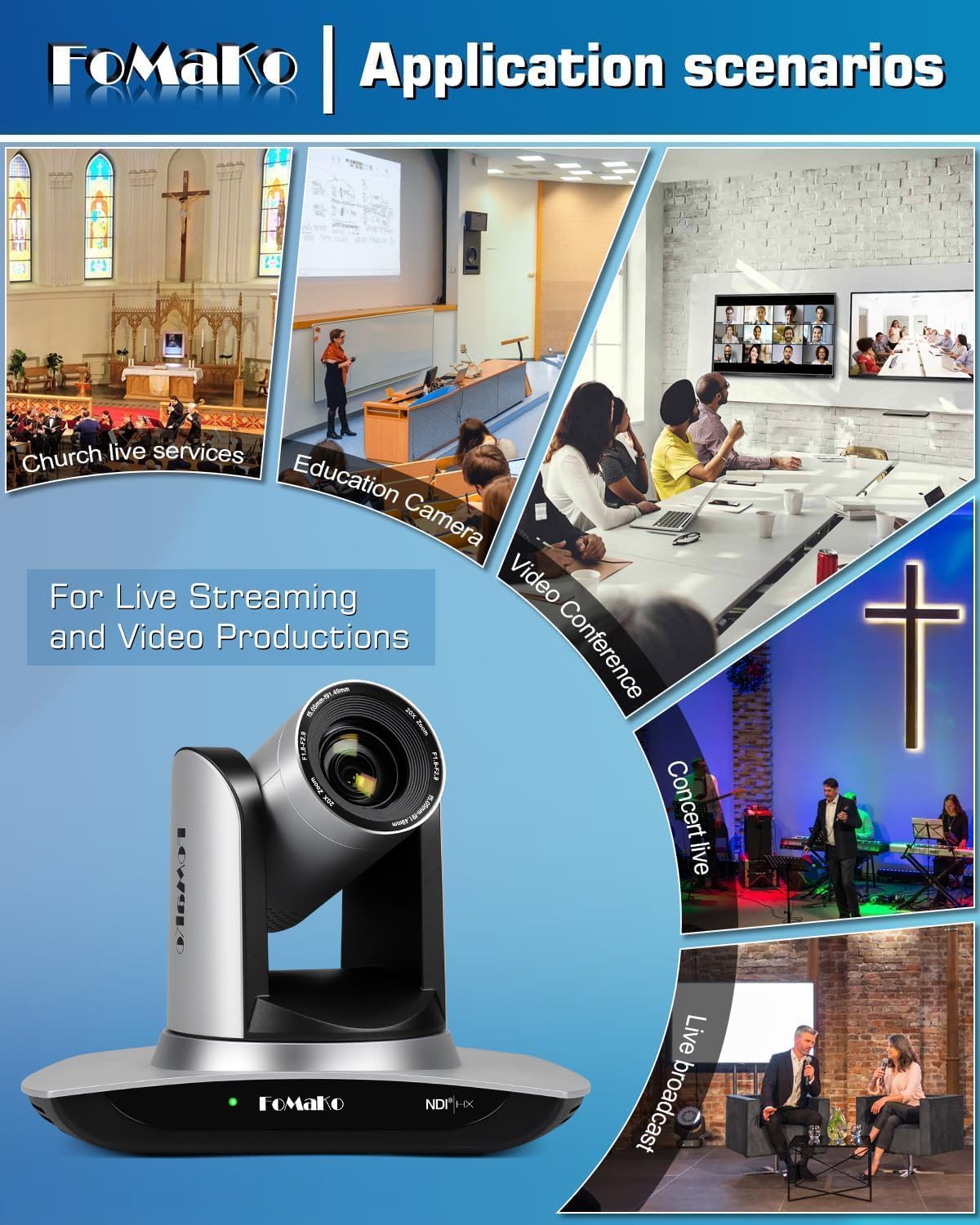 FoMaKo NDI HX3 PTZ Kamera Set, 20x Optischer Zoom KI-Auto-Tracking, mit HDMI/USB3.0/LAN(PoE), für YoTube vMix OBS Live Streaming, mit 2*FMK20UH NDI Kamera(Silber) +1* NDI PTZ Controller (BN402)