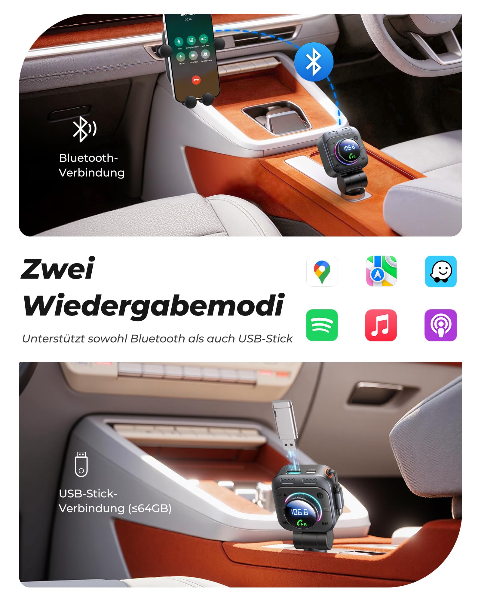 LENCENT 72W FM Transmitter Auto Bluetooth 5.4, Bluetooth Adapter Auto mit ausziehbarem Ladekabel, Zigarettenanzünder USB-C, Bass & Freisprecheinrichtung, Musik Adapter, 180° drehbar für iPhone 16/15