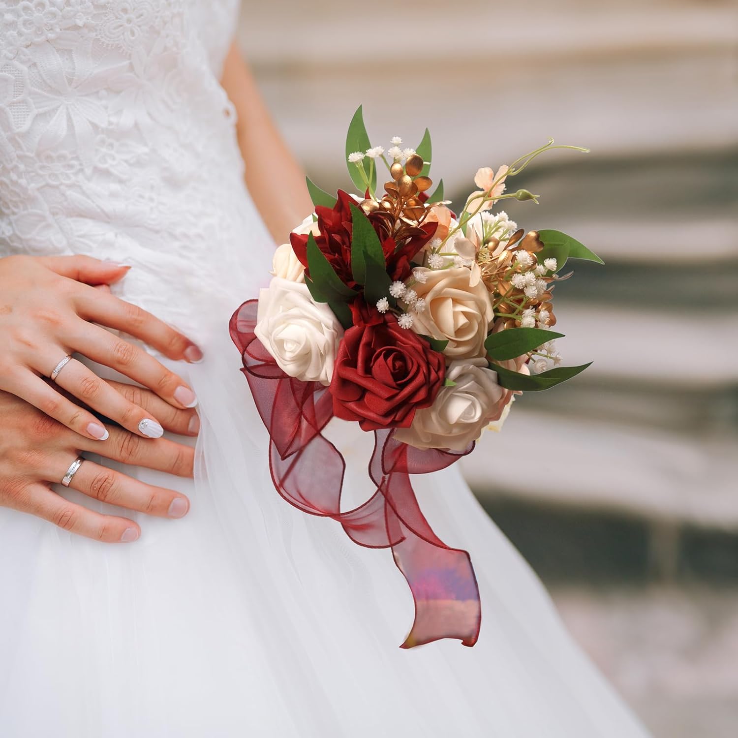 LEIFENY Wedding Bouquets for Bride, Burgundy & White Bridal Bridesmaid Flower with Silk Ribbon, Artificial Toss Rose for Civil Ceremony