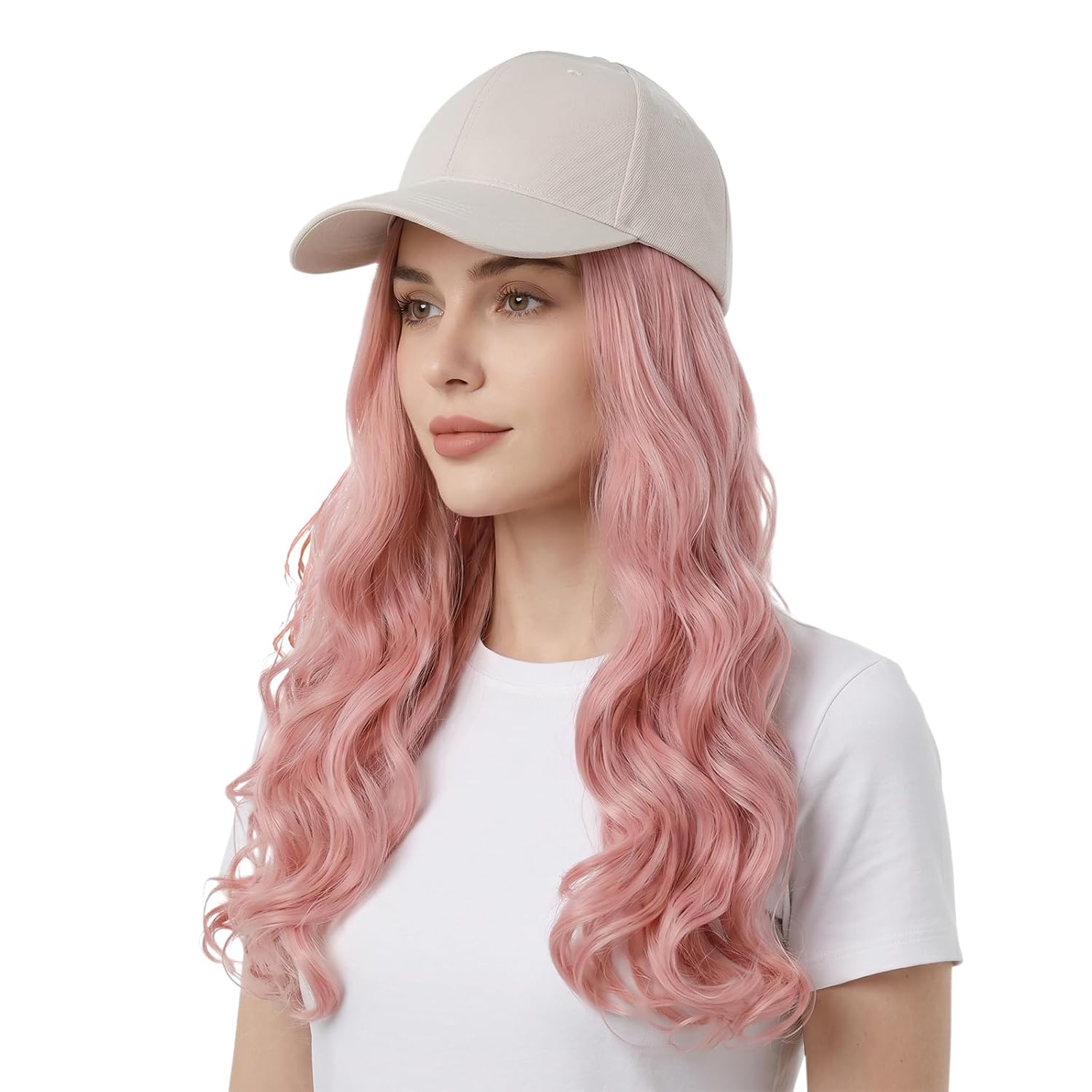 Baseball Cap with Long Wavy Wig,Women Adjustable Synthetic Fake Curly Wig Sun Cap for Daily Wear