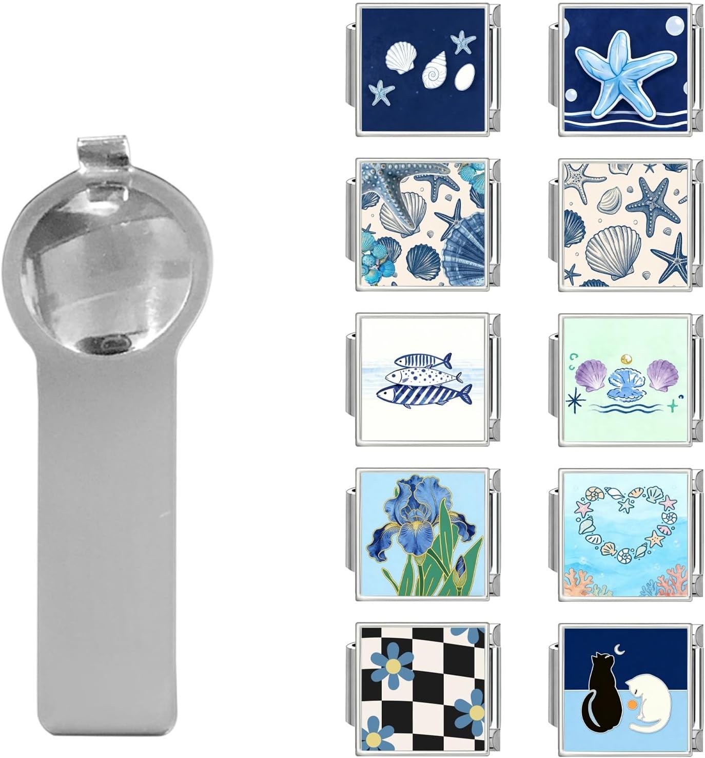 papasgix 11Pcs Italian Charms Set, 10mm*9mm Silvery Square Italian Charm Bracelet Link Colorful Patterns Shell Sea Star Cat Stainless Steel DIY Jewelry Gifts