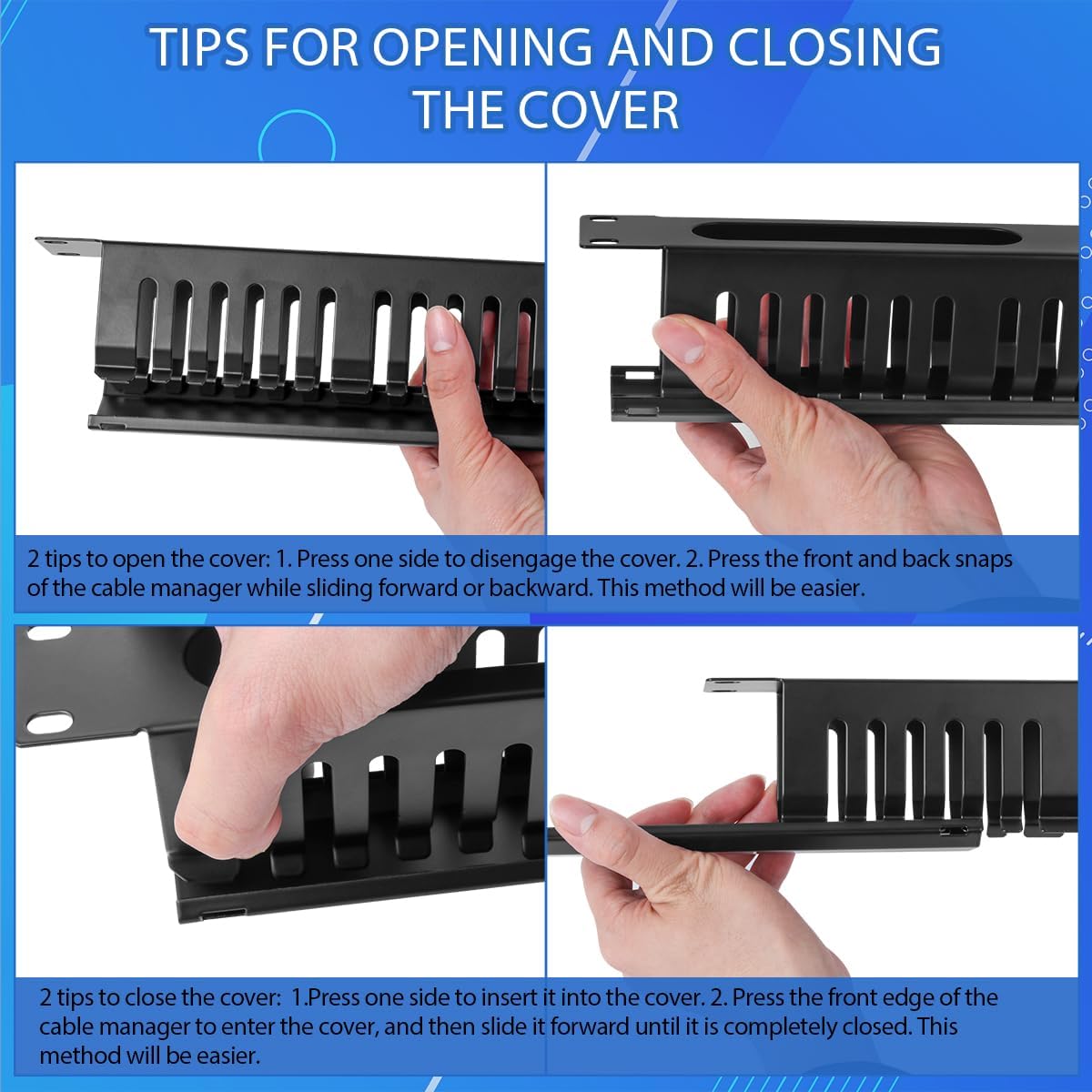 Cable Manager 1U Rack Mount, 19 Inch Horizontal 24 Slot Metal Finger Duct with Cover - 4 Pack for Server Racks, Black