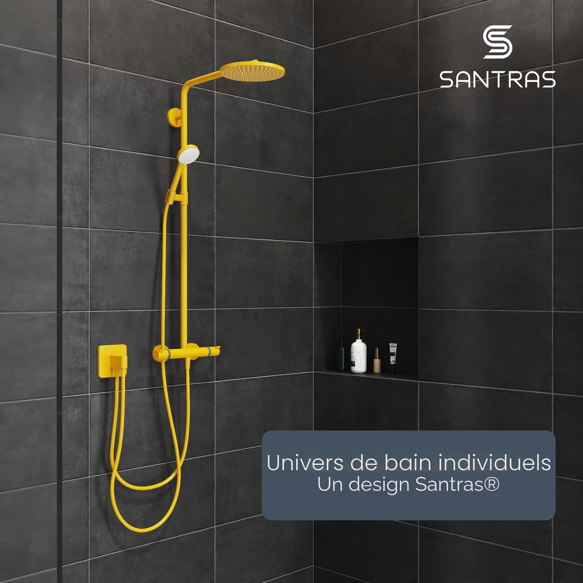 SANTRAS® Pommeau de Douche Jaune (RAL 1004) 3 Jets – douchette économique avec limiteur de débit et fonction anti-calcaire | douchette universelle pour baignoire et douche