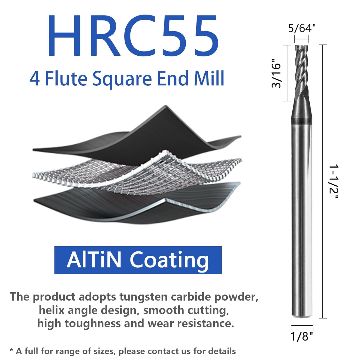 5pcs 5/64" Carbide Square End Mill Bits Set for Alloy Stees/Hardened Steels,Hrc55 Micro Grain Carbide Milling Cutter 4Flute CNC Router Bits with AlTiN Coating