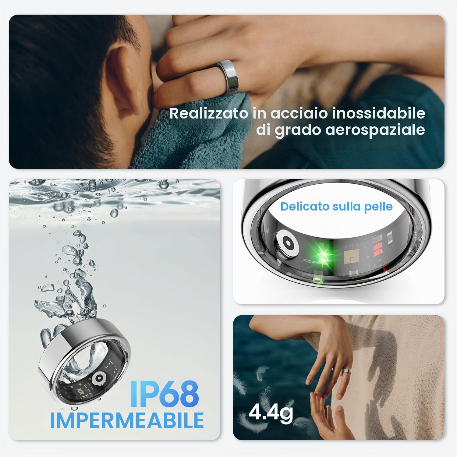 DEKELIFE 2024 Smart Ring Uomo Donna, Anello Smart Fitness Tracker con Frequenza Cardiaca, SpO2, Monitoraggio del Sonno, 100+ Modalità Sport Impermeabil IP68 per Android e iOS, Misura 10, Argento