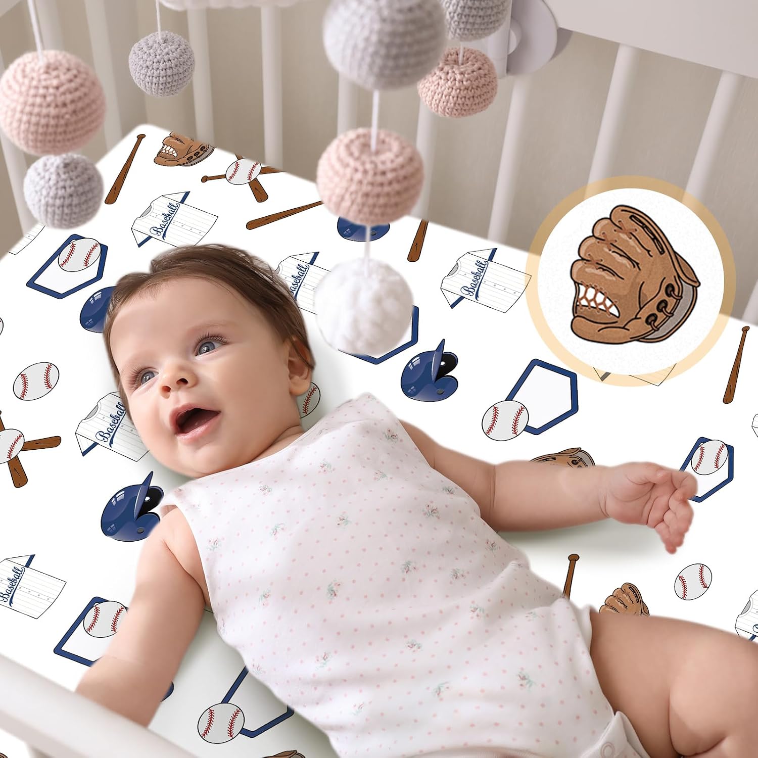 VitalCozy 4 Pcs Baseball Bassinet Sheets 32 x 16 x 3 Inches Baseball Sheets for Standard Bed Toddler Mattresses Soft Breathable Cute Print Newborn Bedding for Girl Boys