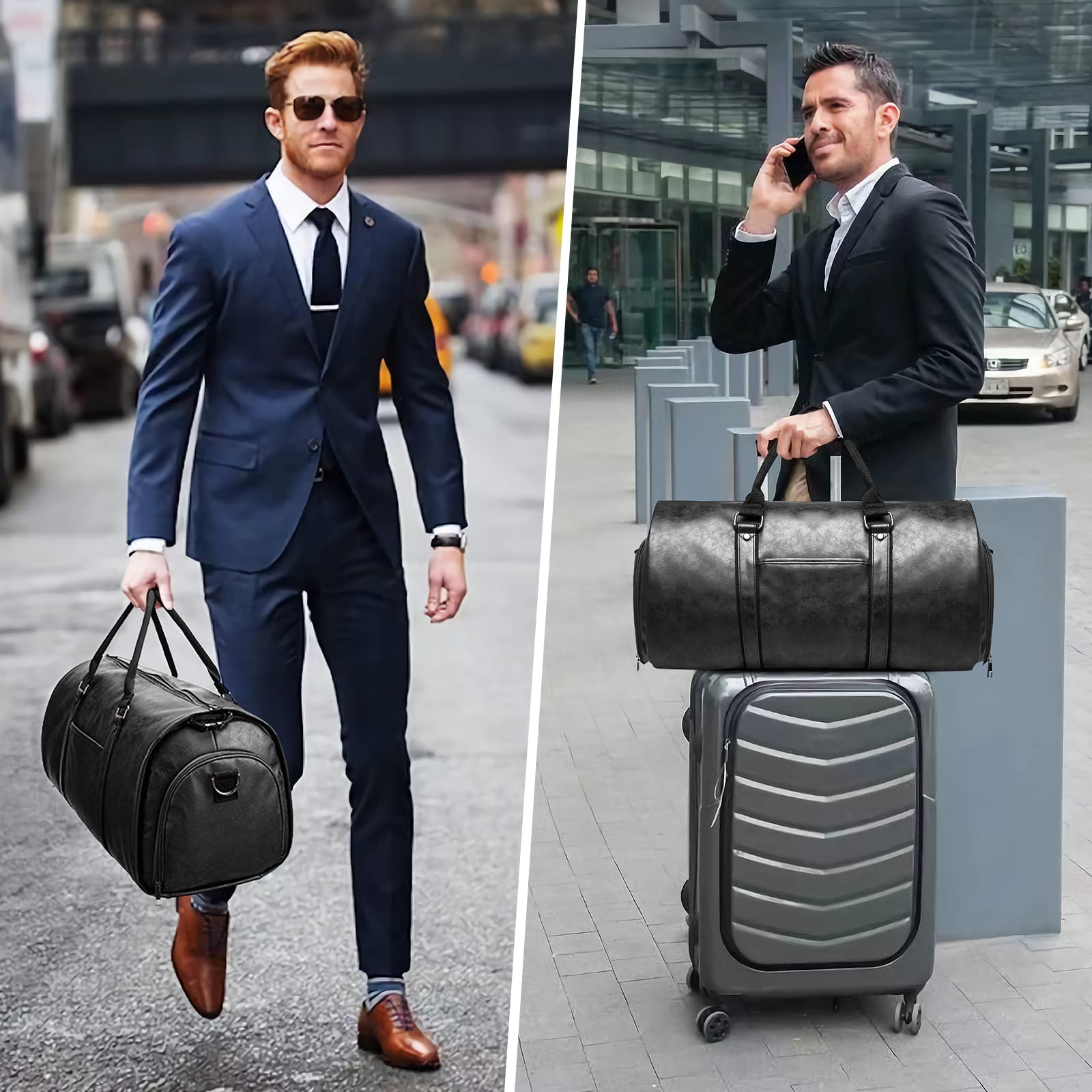 Borsa porta abiti da viaggio in pelle convertibile da uomo con scomparto per scarpe, impermeabile, perfetta per viaggi d'affari/regali per marito, Nero