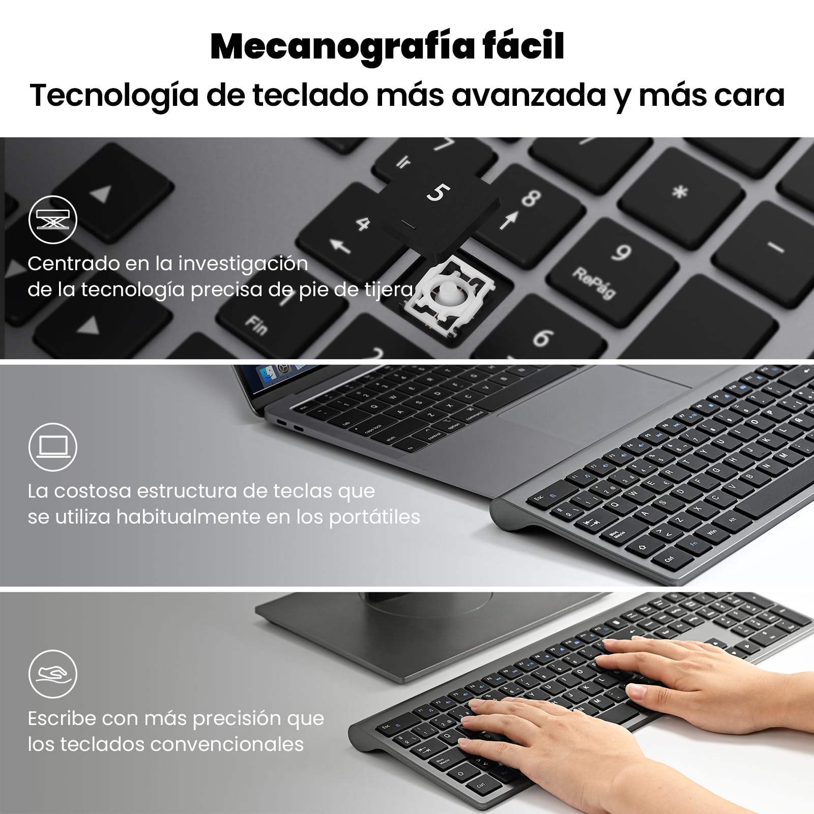 Combo Teclado y Ratón Inalámbrico- cimetech Teclado y ratón Recargable 2.4G, QWERTY Español Layout, Teclado de diseño ergonómico, Ultrafino para Ordenador/PC/portátil/Windows 10/8/7(Gris)