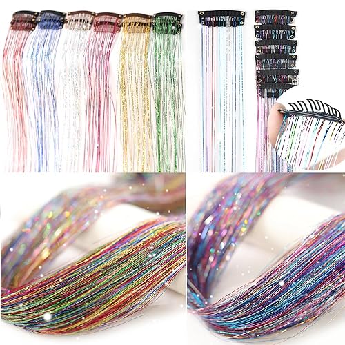 Vista 34 de Paquete de 12 extensiones de cabello de oropel rosa con purpurina de 20 pulgadas, extensiones de cabello de oropel rosa con purpurina, extensiones