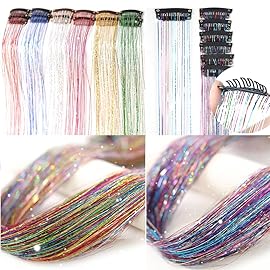 Six Color Hair Tinsel Pack of 24 Inch Clip in Hair Tinsel Colorful Glitter Tinsel Hair Extensions Tinsel Fairy Hair Party Dazzle Hair Accessories Strands Kit(6 Pcs Colorful+6 Pcs Six Color)
