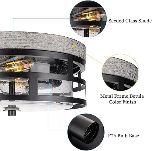 Miniatura 3 de ROS61A WD - Lámpara de techo de montaje empotrado, 12 pulgadas, 2 luces, moderna, rústica, cerca del techo, con vidrio sembrado, para dormitorio,