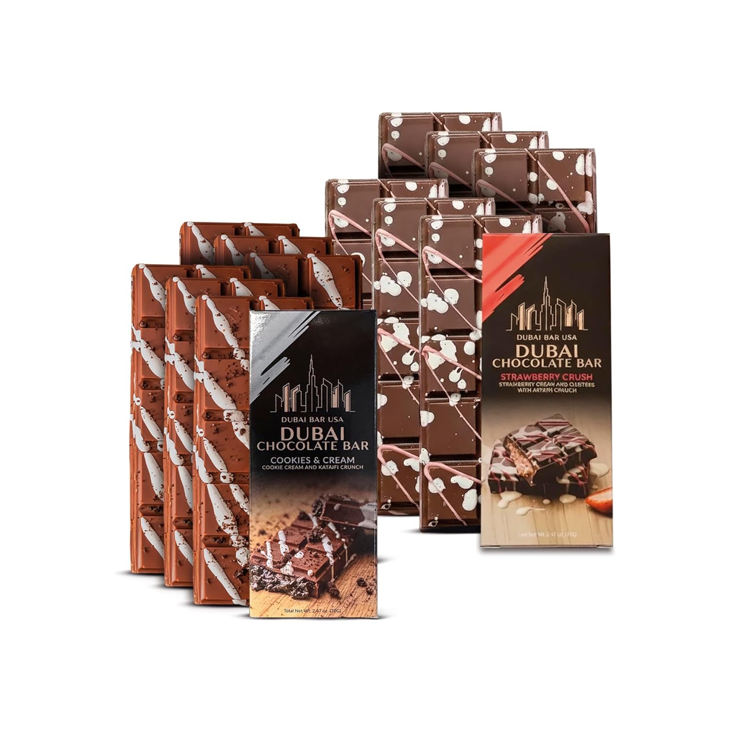 Dubai Chocolate Bar Cookies & Cream and Strawberry Crush 12 Pack Bundle, Premium Chocolate with Crispy Kataifi Filling, Knafeh Dessert, Made in USA (12 Bars 2.47oz each)