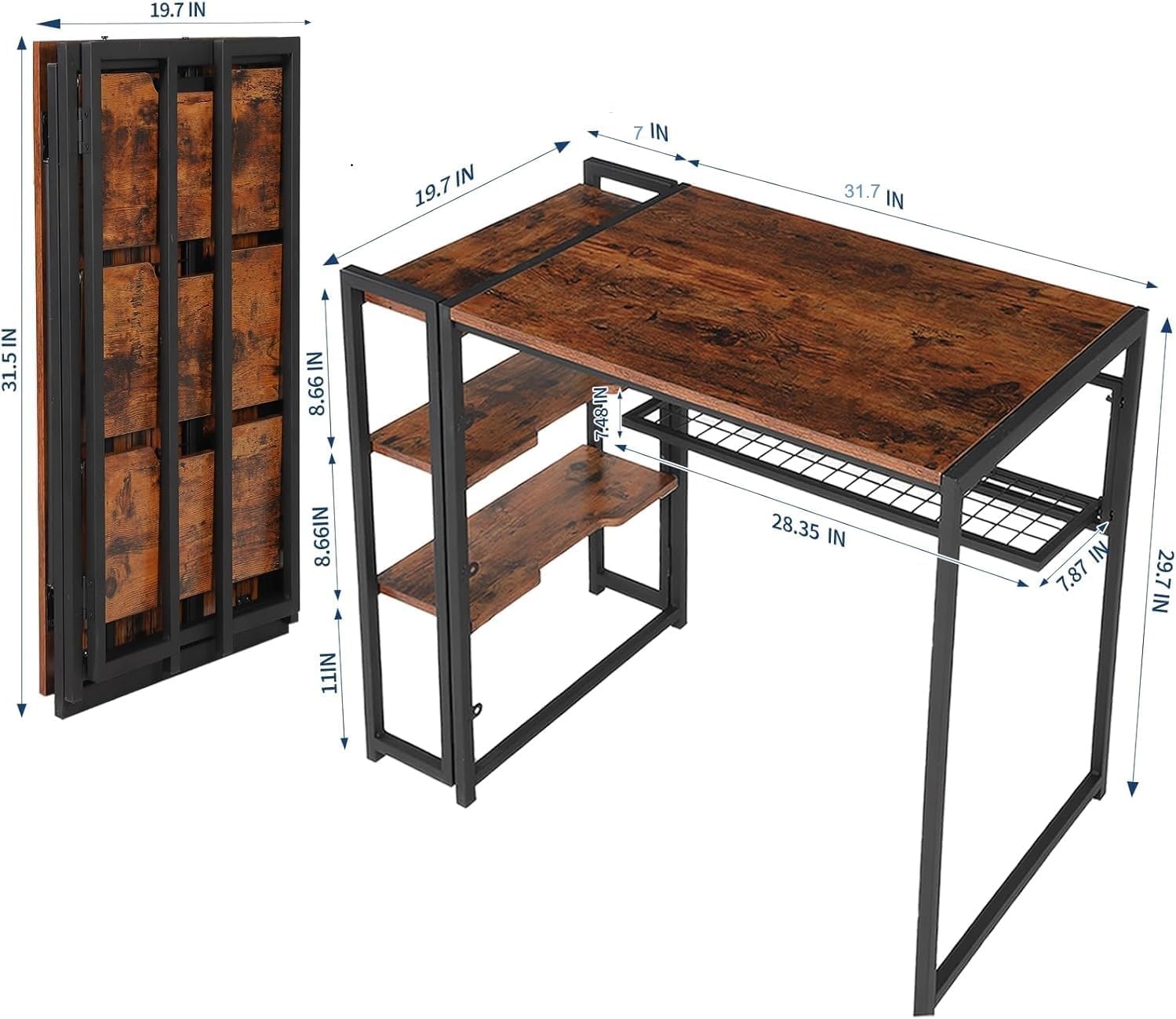 38.8 Inch Folding Computer Desk with Storage Shelf – Space-Saving Sturdy Writing Table for Home Office, Bedroom, Dorm – Portable and Durable Laptop Desk, No Assembly, Brown