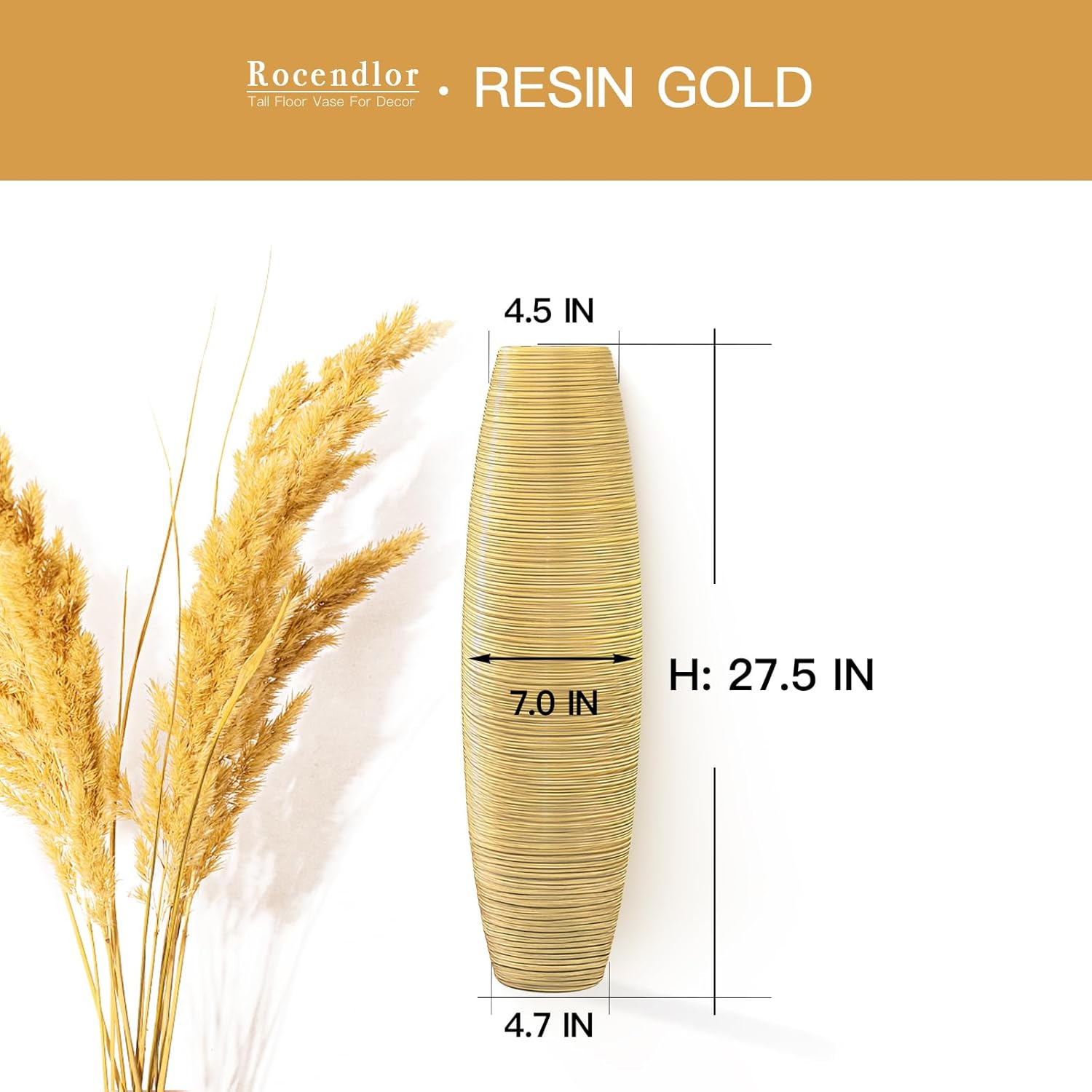 tall floor vase, 27.5 inches (70cm, 2.3ft) tall vases sturdy, luxury, textured for decorative branches dried flowers, floor vase for rustic living room, shelf decor, resin gold gold 27.5 in
