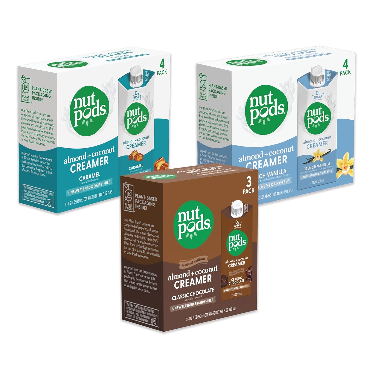 nutpods Barista Basics Non Dairy Coffee Creamer Bundle: a 3 pack of Classic Chocolate and a 4 pack of French Vanilla and Caramel, Made from Almonds and Coconuts with zero sugar.