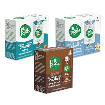 nutpods Barista Basics Non Dairy Coffee Creamer Bundle عبارة عن 3 عبوات من الشوكولاتة الكلاسيكية و4 عبوات من الفانيليا الفرنسية والكراميل، مصنوعة من اللوز وجوز الهند بدون سكر.