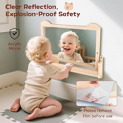 Miniatura 3 de Espejo Montessori con barra Espejo de barra de dominadas de bebé con marco de madera natural, altura ajustable, espejo de pared seguro para estar