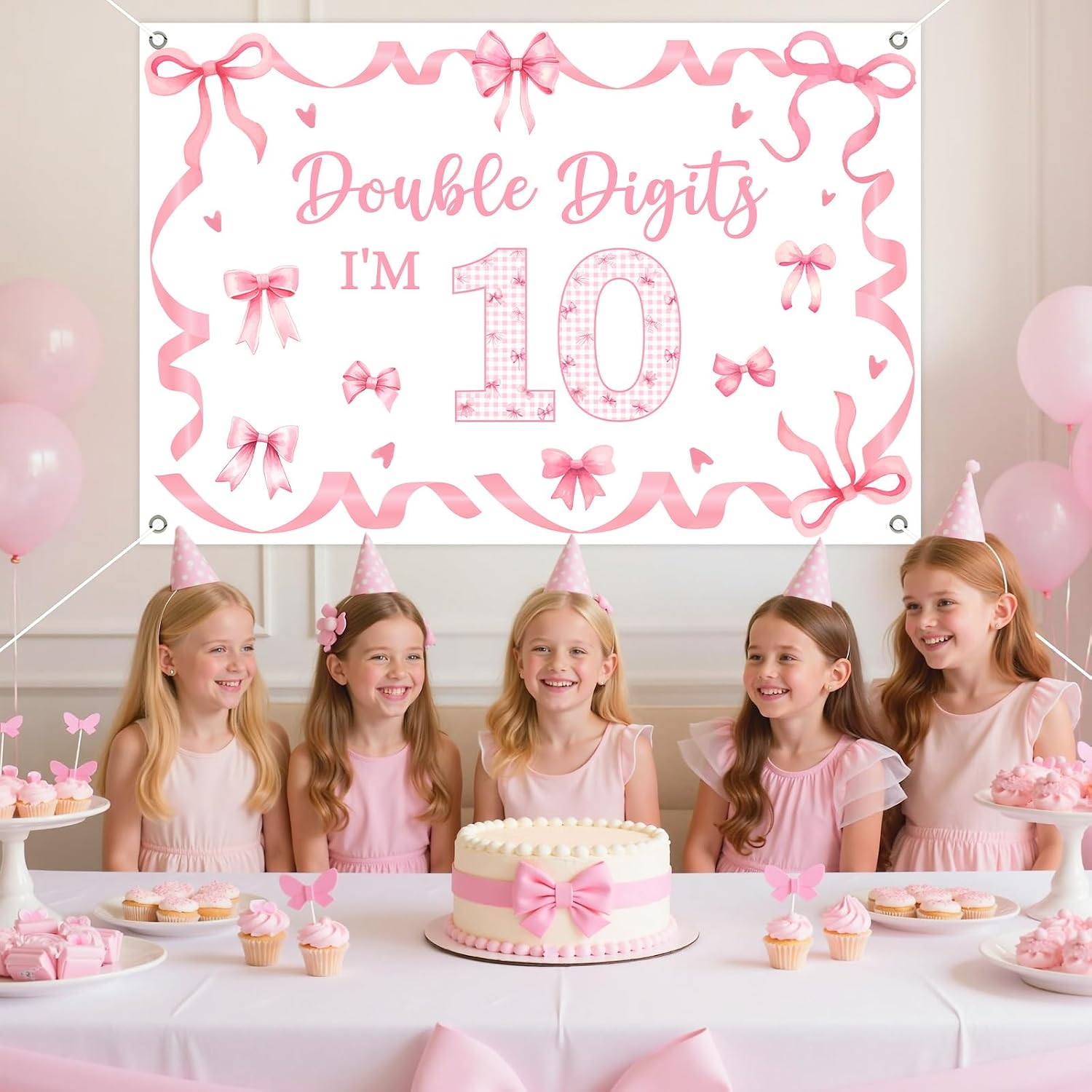 Bow 10th Birthday Decorations Backdrop Pink Double Digits I'm 10 Backdrop Banner 4.92x3.28ft Pink Bow Birthday Decoration for Girl in My Double Digits Era Bowknot Happy 10th Bday Celebration