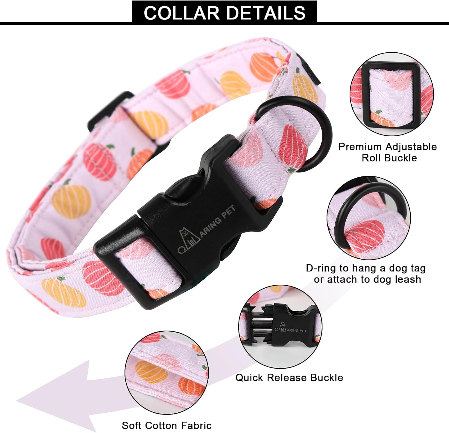 ARING PET Halloween Dog Collar-Cute Pumpkin Dog Collar for Small Dogs, Cotton Pink Girl Dog Collars with Quick Release Buckle for Small Medium Large Dogs X-Small image 2