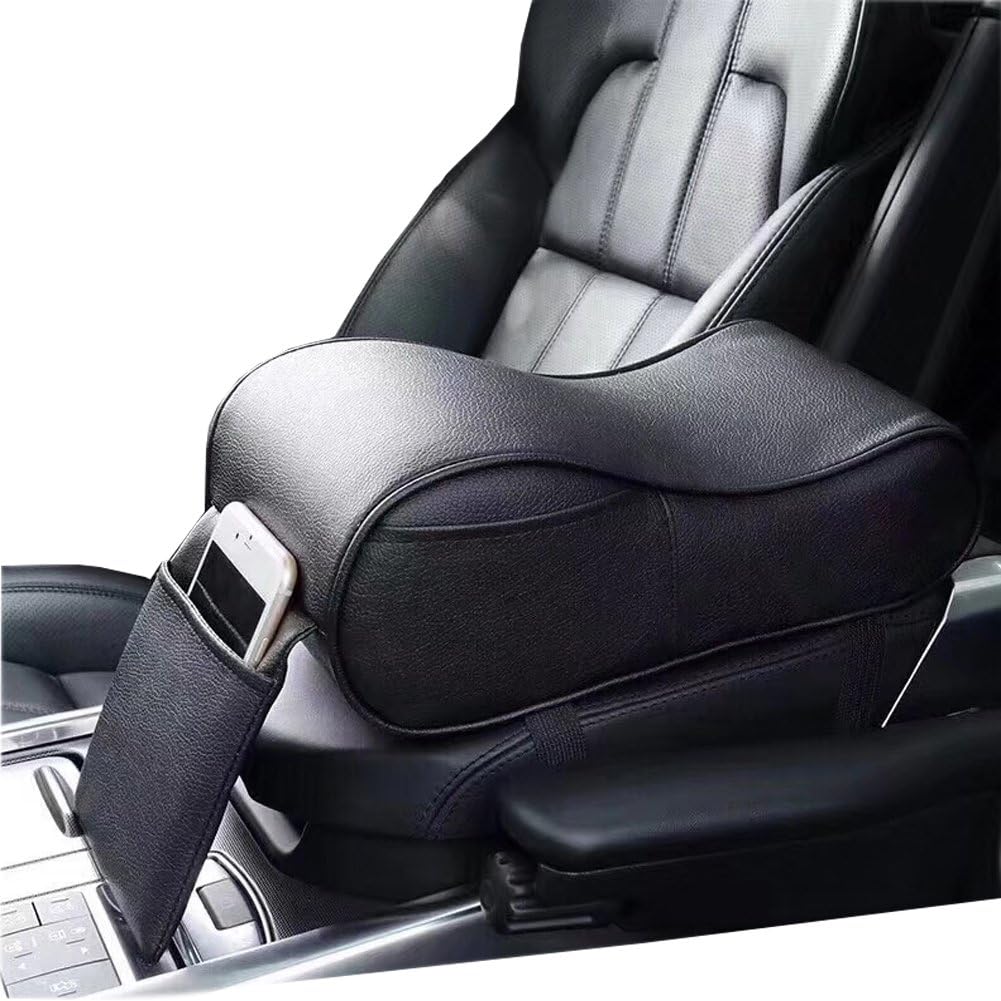 Premium Car PU Leather Center Console Armrest Cushion Pillow Memory Foam with Side Pocket for Phone (Black)