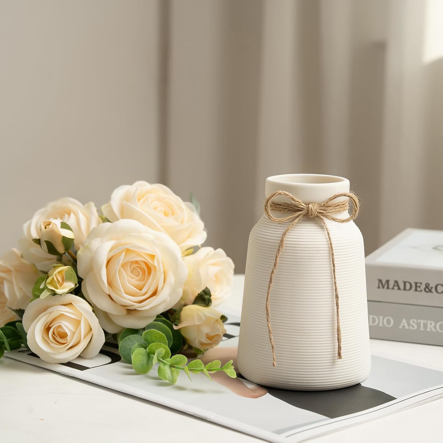 Artificial Like-Life Vintage Roses with Eucalyptus Stems in White Ribbed Texture Ceramic Vase,Realistic Greenery 15" Faux Flower Arrangements Home Decor Weddings Centerpieces