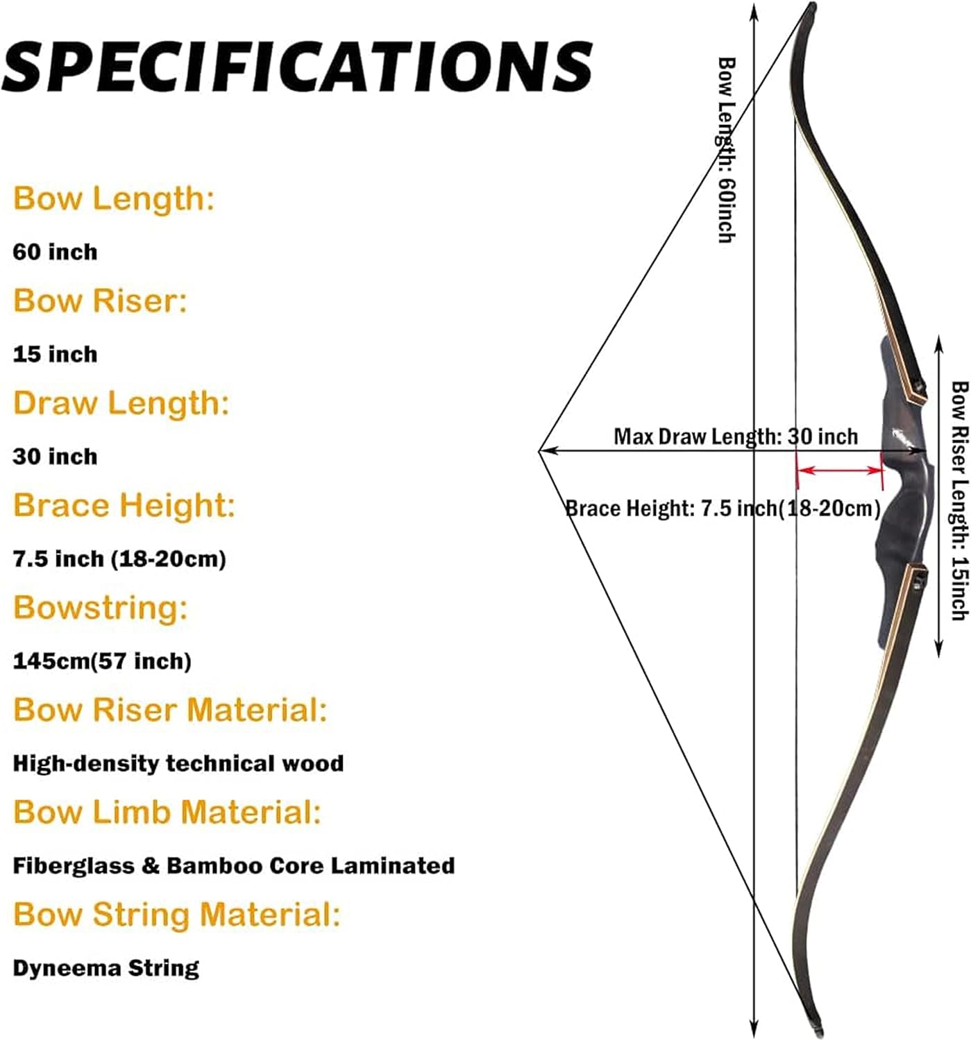 ZSHJGJR Archery 60 Inch Black Hunter Original Recurve Bow and Arrow Set for Adults American Hunting Longbow Archery Bow 25-60lbs Right Handed for Archery Hunting Target Shooting