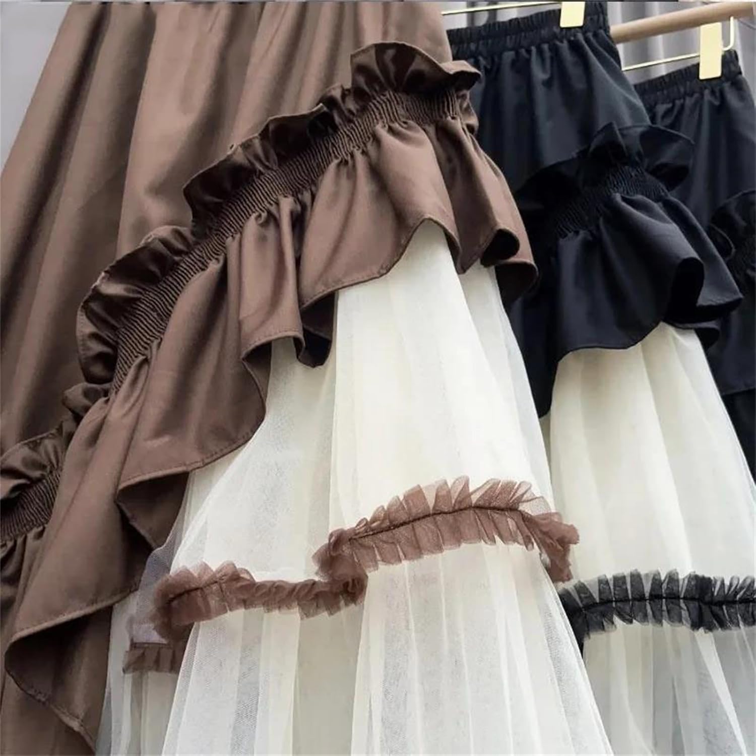 Women's Patchwork Gauze Skirt High Waist A Line Irregular Ruffles Elegant Skirts Fashion Bottoms for Daily Dressing Black White