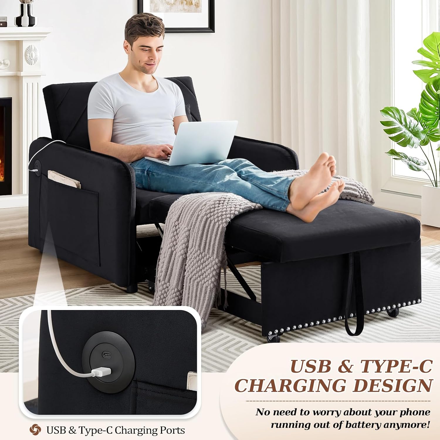 Convertible Sleeper Chair Bed,3 in 1 Velvet Tufted Upholstered Single Sleeper Sofa with Adjustable Backrest&USB Port,Pull Out Recliner Lounger Bed for Living Room,Office,Apartment,Small Space(Black)