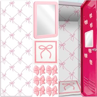 Weysat Pink 9 Pcs Locker Accessories Wallpaper Mirror Magnets, Bow Pattern | Back to School Decor for Middle High School, Magnetic Wallpaper for Classroom, Rectangle Mirror, Bow Magnets Set