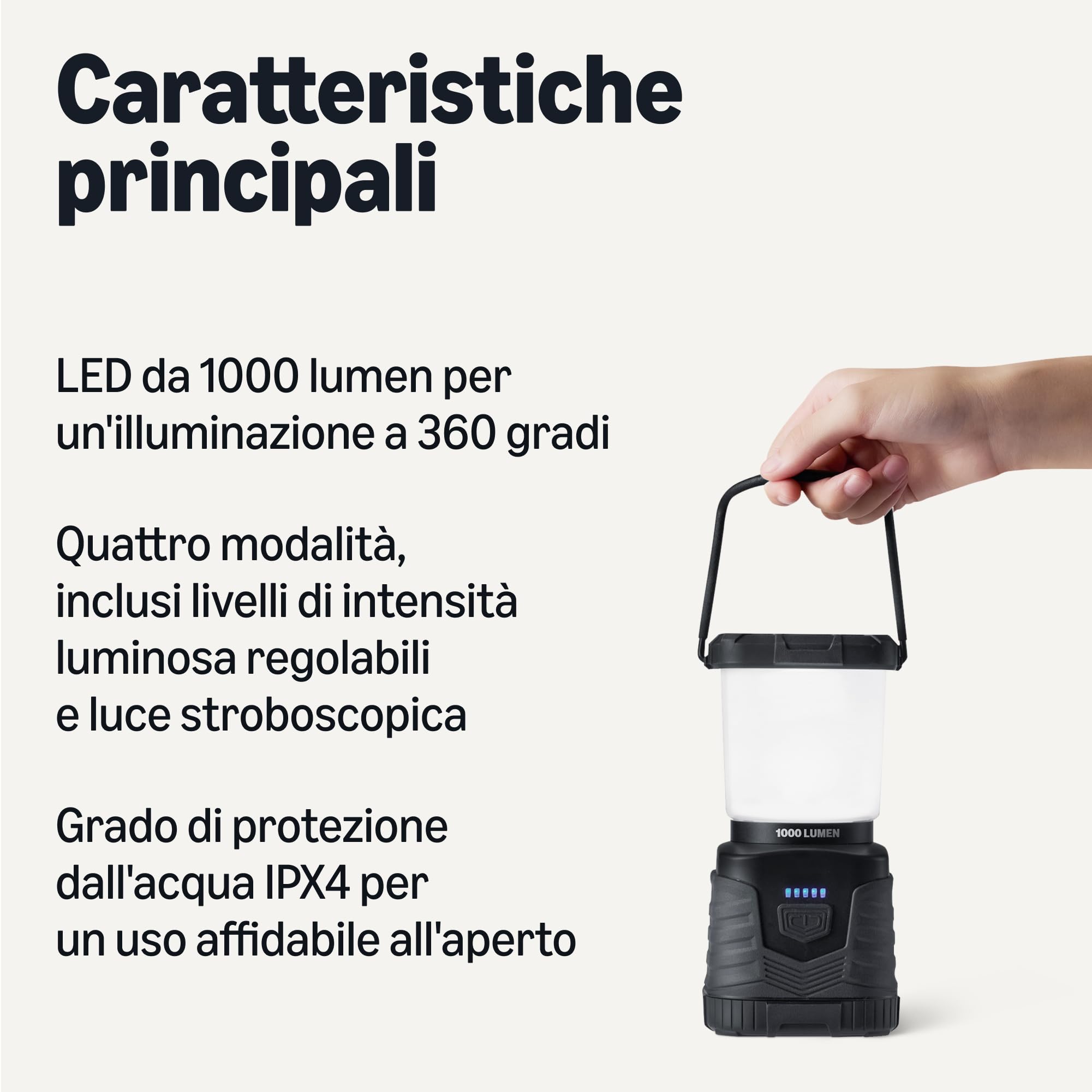 Amazon Basics Lanterna da Campeggio LED con 4 Modalità di Illuminazione - Luce Portatile 1000 Lumen con Illuminazione a 360° - Lanterna Resistente all'Acqua - Batterie Non Incluse - Nero
