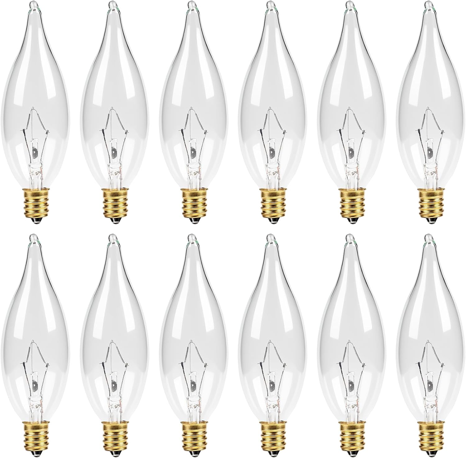 CYLYT 12-Pack E12 Candelabra Light Bulbs 40W, Warm White 2500K, 380 Lumen Dimmable Chandelier Light Bulb for Ceiling Fan, CA10 Gold Base for Candle Bulbs, Clear Glass