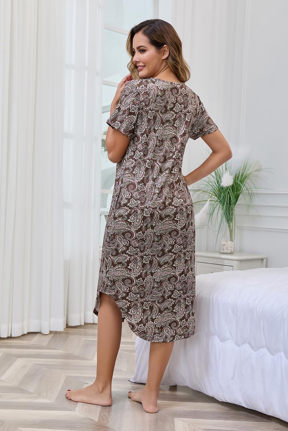 PNAEONG Nightgowns for Women Short Sleeves House Dress Nightshirt Comfy Sleepshirts Sleepwear with Pockets,M-3XL - Image 5