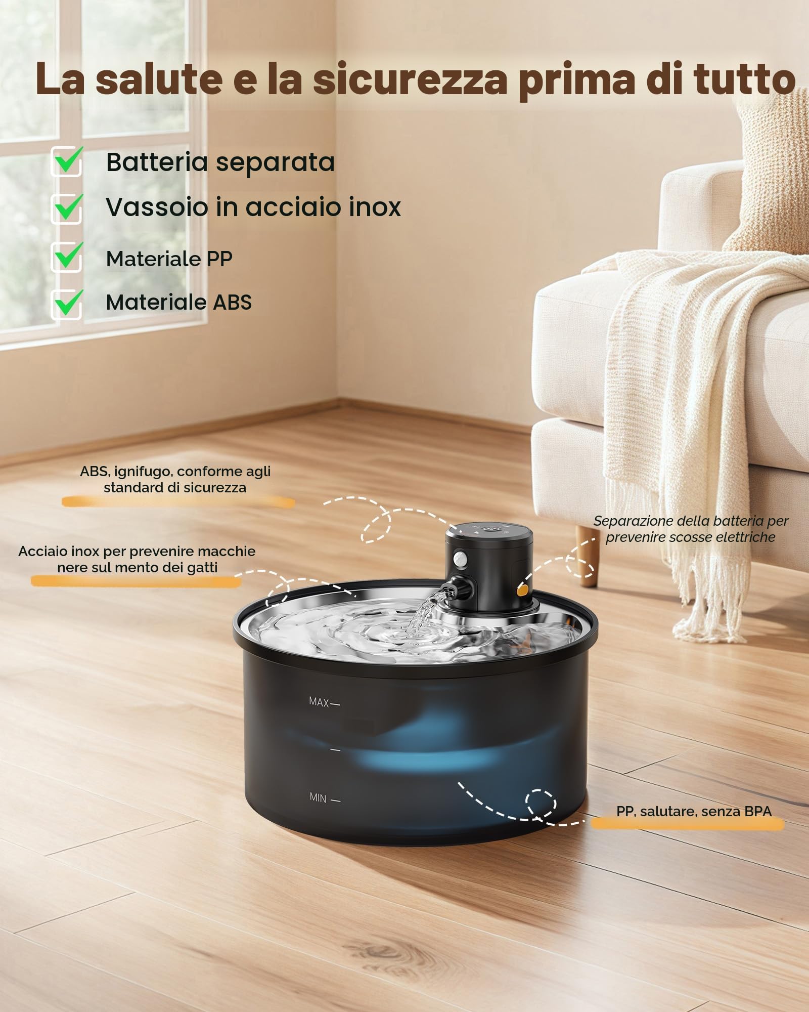 Fontanella per Gatti senza Fili: Fontana per Gatti - 3.2L Fontanella Gatto con Sensore di Movimento - Fontana Gatto Batteria - Dispenser Acqua Gattis con Pila 4000mAh - Acciaio Vassoio per Bere
