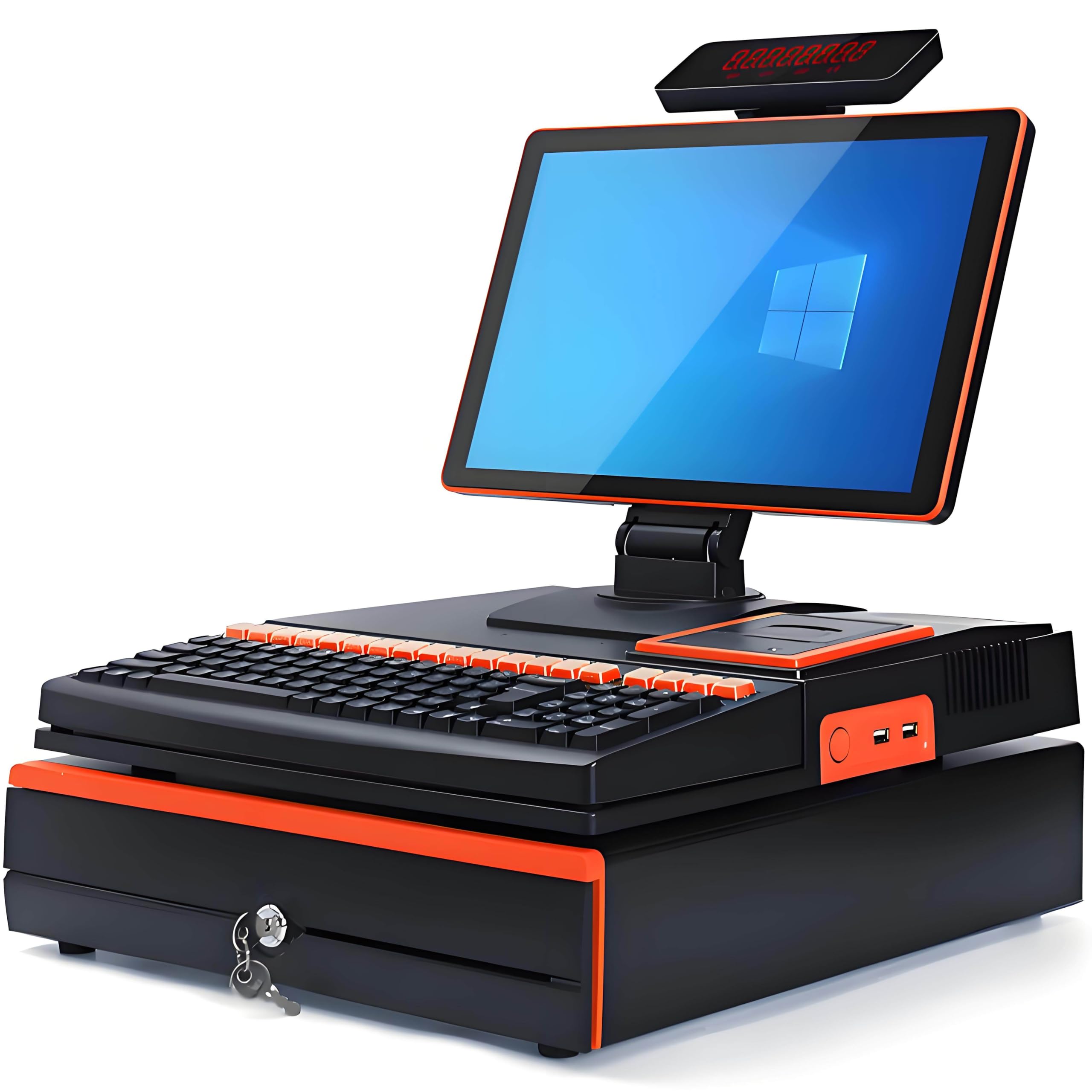 Caisse Enregistreuse Tout-en-Un,Écran Simple/Double de 15,6 Pouces, Imprimante de Reçus Intégrée, Tiroir-Caisse pour Supermarchés Restaurants et Vente au Détail SingleScreen-Black&Orange