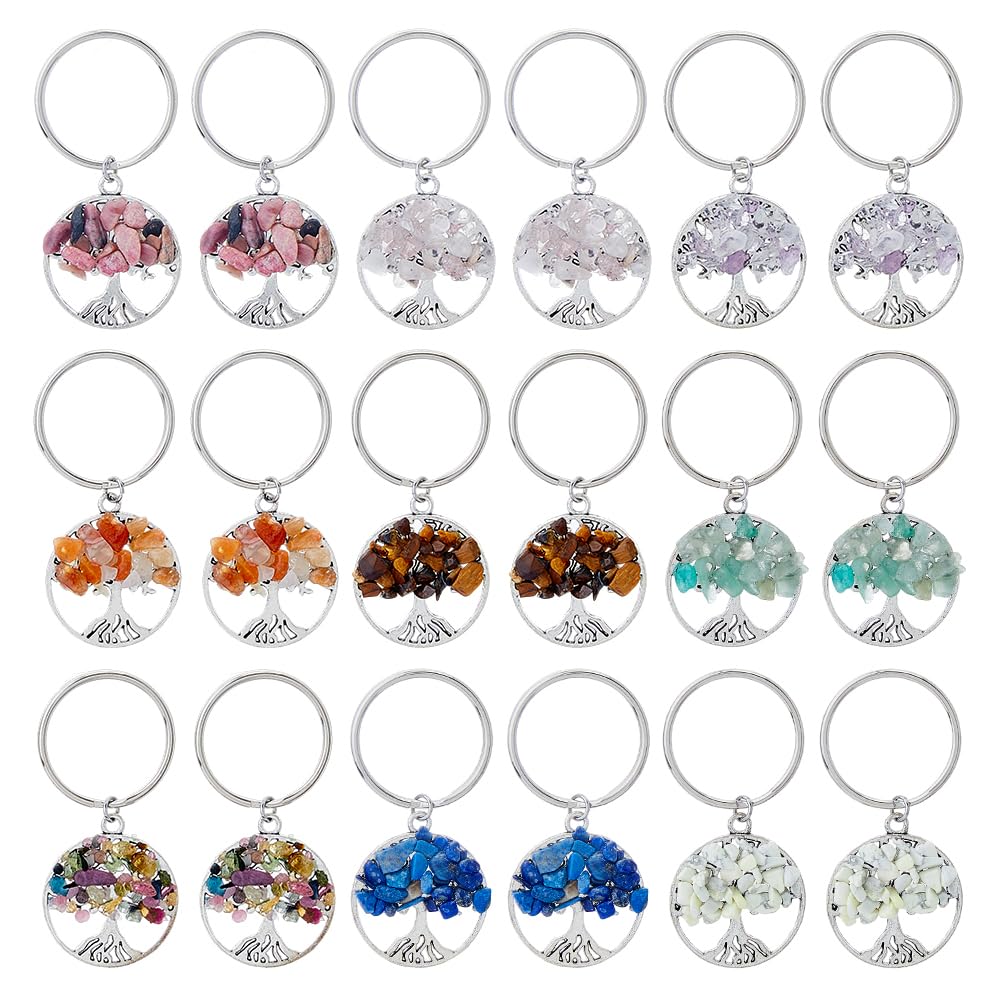 SUPERFINDINGS 36Pcs 9 Styles Tree of Life Keychain Natural Crystal Stones Handmade DIY Keychain Charm Pendant Gemstones Key Chain Charm for Handmade DIY Bag Charms Keyring