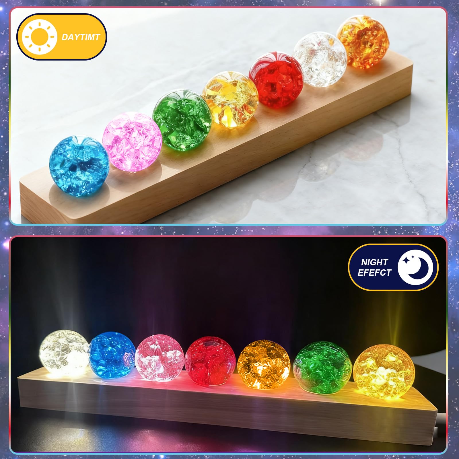 Kryształowa kula nocna 3D, 7 kolorowych szklanych kryształowych kul z drewnianą podstawą LED, 40 mm, kryształowe kule lodowe, kula lecznicza, szklana kula, kryształowa kula, lampka nocna, ornament