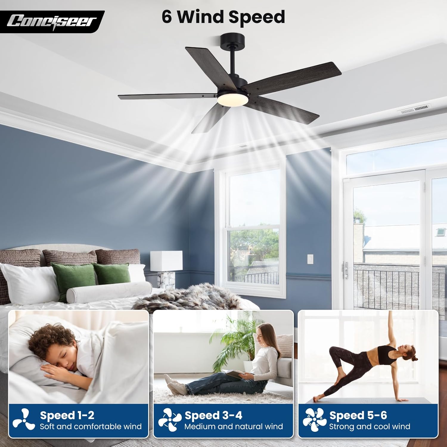 Modern 52 Inch Ceiling Fans with Lights and Remote for Bedroom Living Room Kitchen Home Office Indoor/Outdoor, 18W 3CCT Dual Color 5 Blades 6 Speed Reversible Quiet DC Motor, Black/Wood Grain Black+Wood Grain image 6 of 9 B0DST49N74