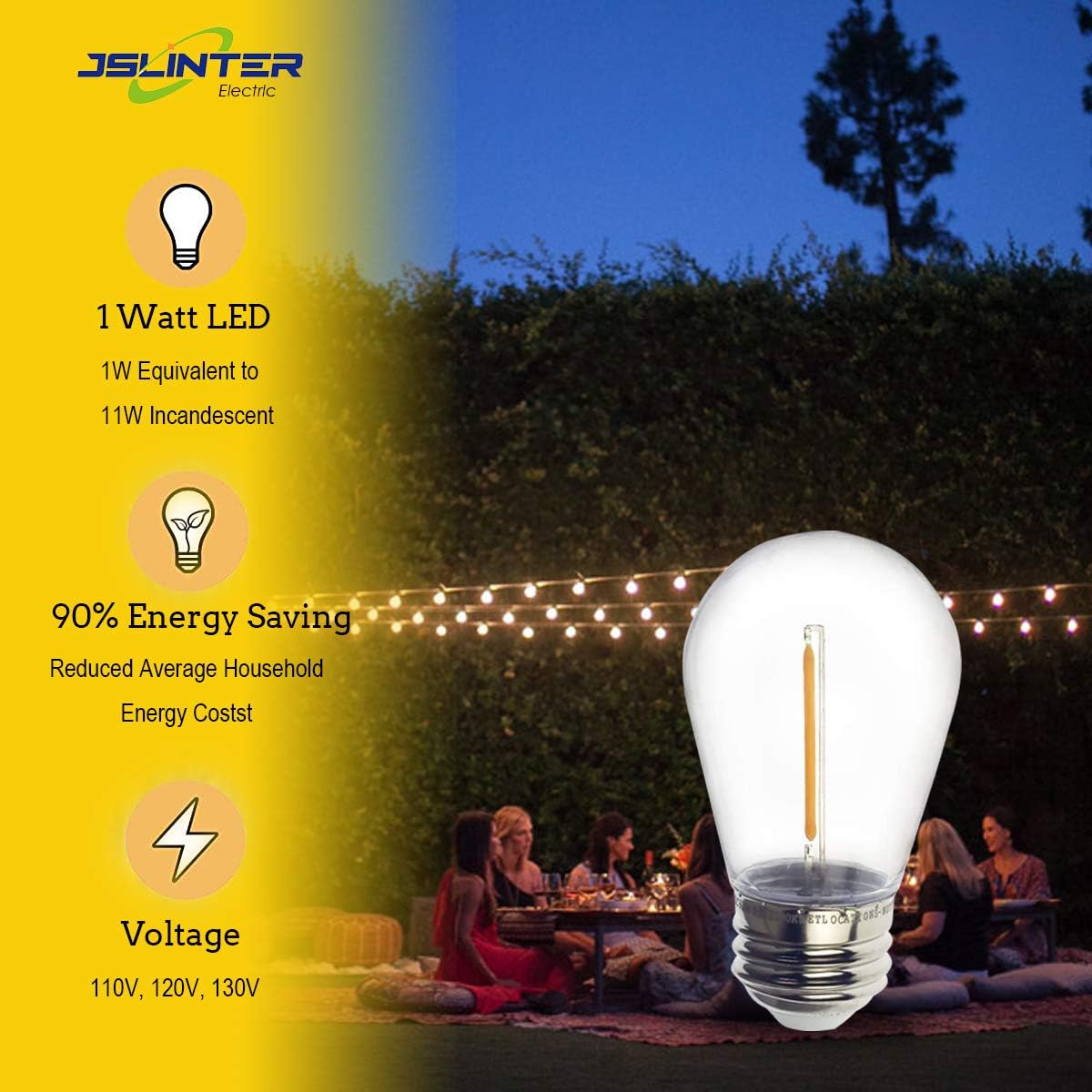 Jslinter S14 1W Outdoor String Lights Bulbs LED, Shatterproof & Waterproof, 2200K Warm White, 11W Equivalent, E26 Base, Edison Vintage Style Replacement for Patio Garden, 16-Pack