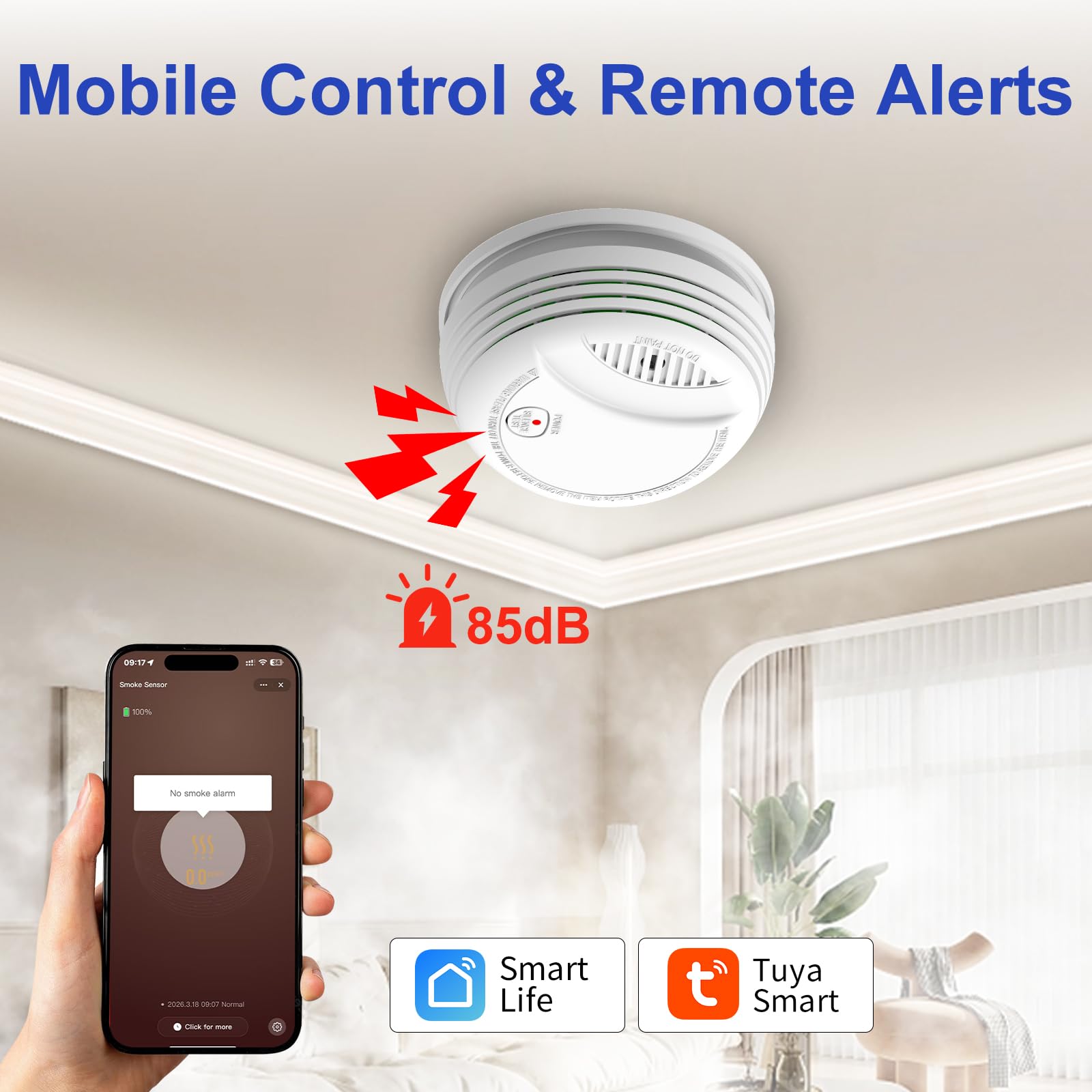 Détecteur de Fumée WiFi Intelligent avec Batterie au Remplaçable, Notification d'App, Fonction silencieuse et Auto-Test, EN14604, Alarme 85 dB, Alarme Incendie WiFi Compatible avec Tuya/Smart Life APP