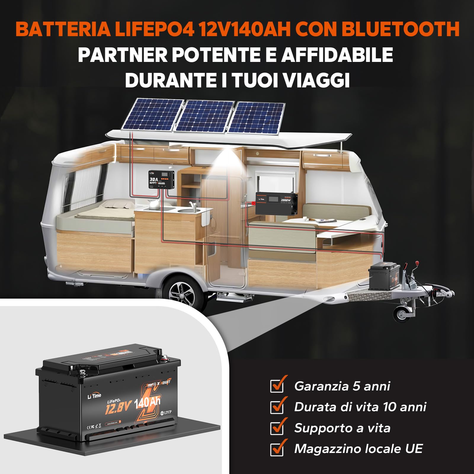 LiTime Batteria al Litio 12V 140Ah H190 per Camper, Batteria LiFePO4 12V con Bluetooth, 4000-15000 Cicli Profondi, Energia 1920Wh, Perfetta per RV, Furgone Camperizzato, Impianto Solare, Barche