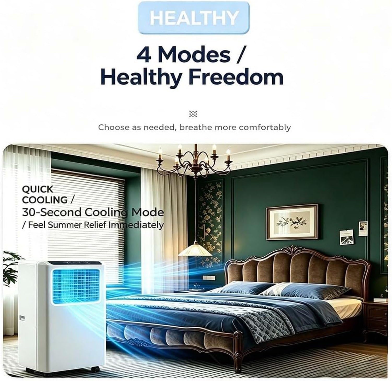 Aire Acondicionado Portátil 4 en 1 con Inversor, Frío, Calor, Deshumidificador y Ventilación, Control Inteligente y Filtro de Polvo, Ruedas Giratorias 360° para, Q1