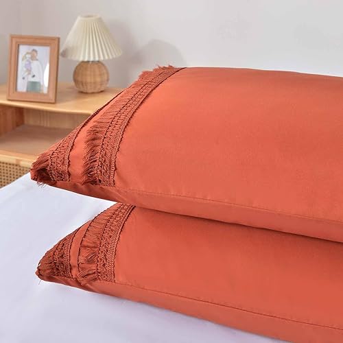 Miniatura 8 de Juego de edredón tamaño Queen con sábana de 7 piezas, borla de flecos naranja quemado, juegos de cama bohemio suave y elegante en una bolsa, edredón