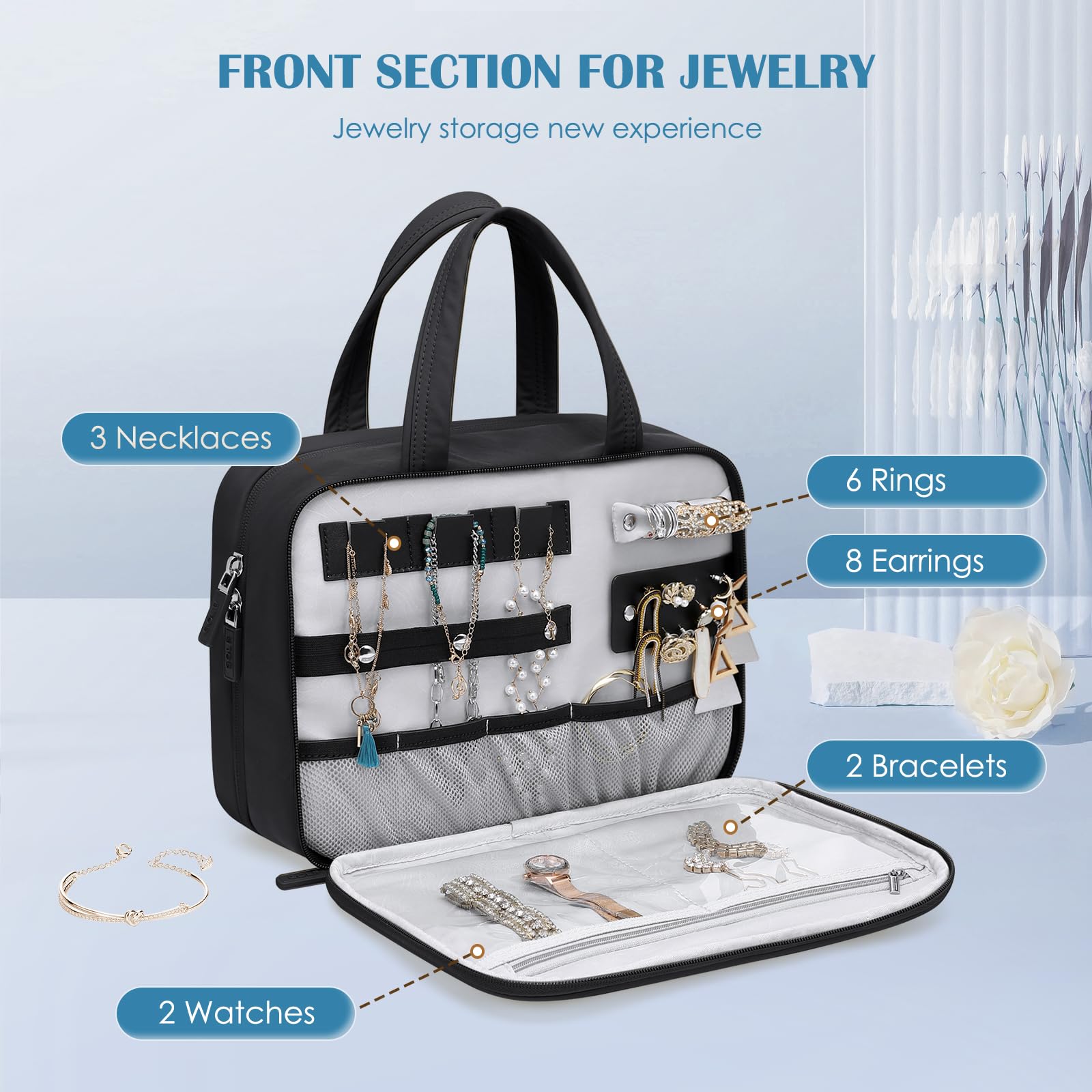 Beauty Case da Donna da Viaggio, Trousse Grande per il Trucco da Appendere, Borsa per Cosmetici da Viaggio con Gancio per Flaconi, Articoli da Toeletta e Makeup, Rose
