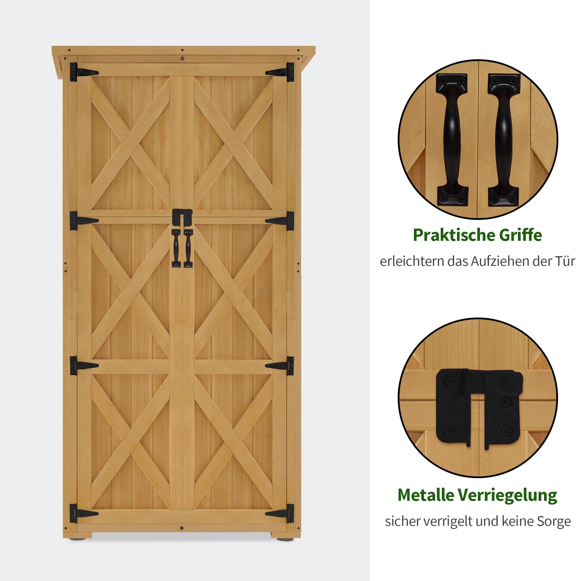 M MCombo Holz Gartenschrank Outdoor Gerätehaus Wetterfest 55×90×169cm Natur