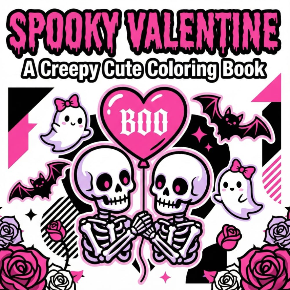 Spooky Valentine Coloring Book: 50+ Creepy Cute & Bold Designs featuring Skeletons, Ghosts, Zombies and Gothic Romance | Anti-Valentine’s Gift for Adults and Teens