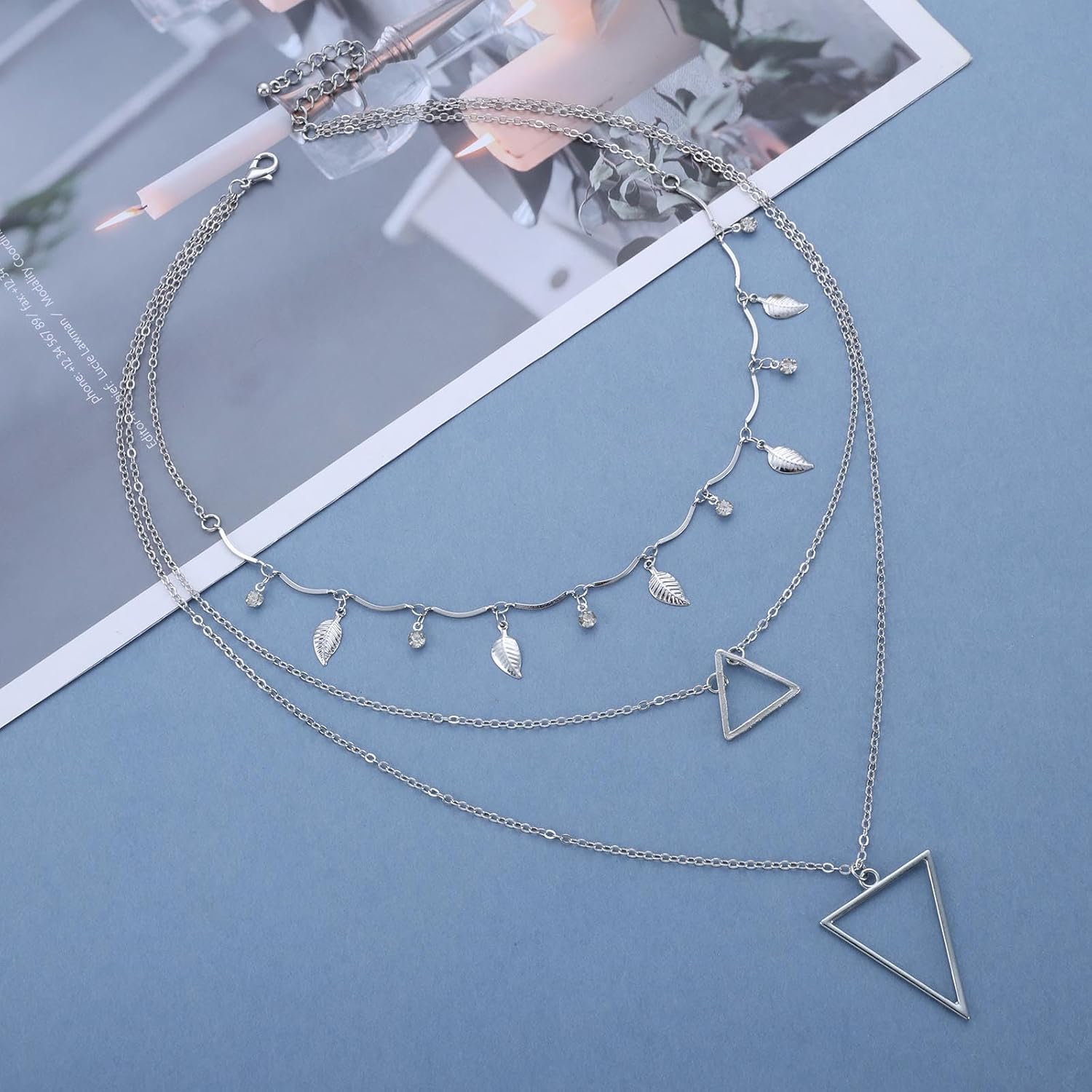 Boho Layered Triangle Necklace Vintage Leaf Dangle Necklace Silver Crystal Dangle Choker Double Triangle Collar Chain for Women - Image 3