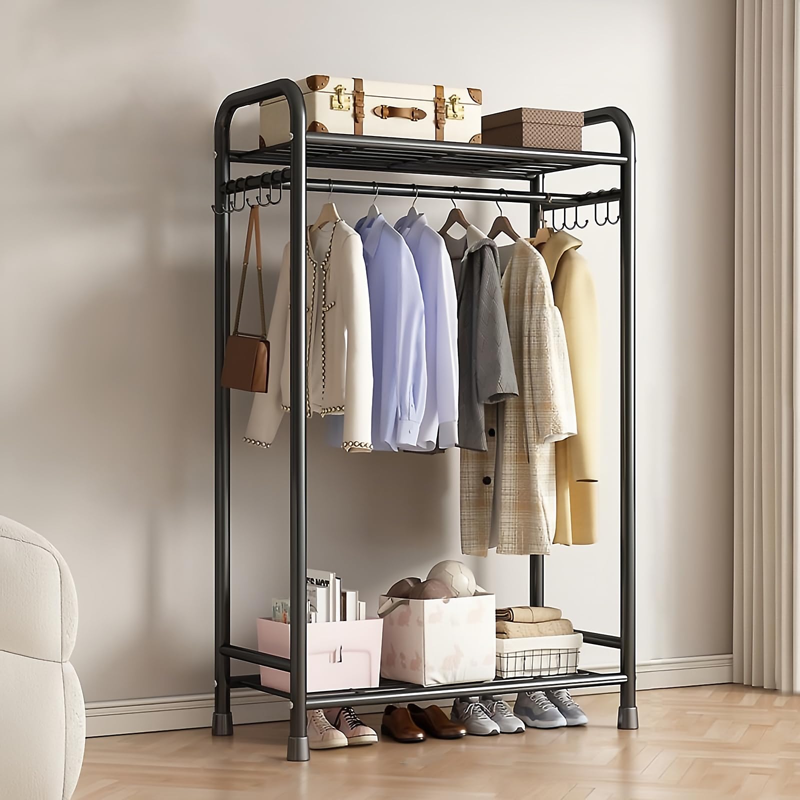Mueble organizador con barra para ropa de alta resistencia y estantes