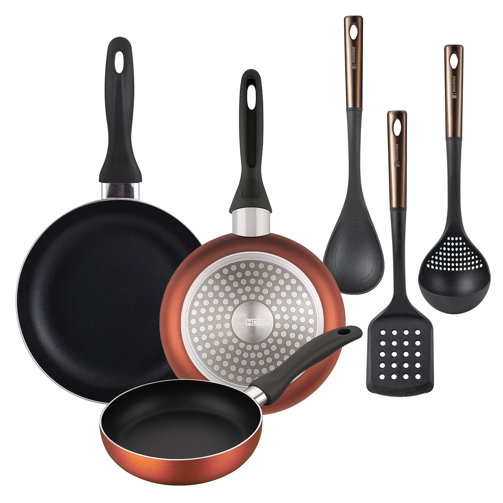 Well Home Lot de 3 poêles Ø16Ø20Ø24 cm en aluminium pressé en cuivre métallisé + Set de 3 ustensiles de cuisine en PBT noir et cuivre