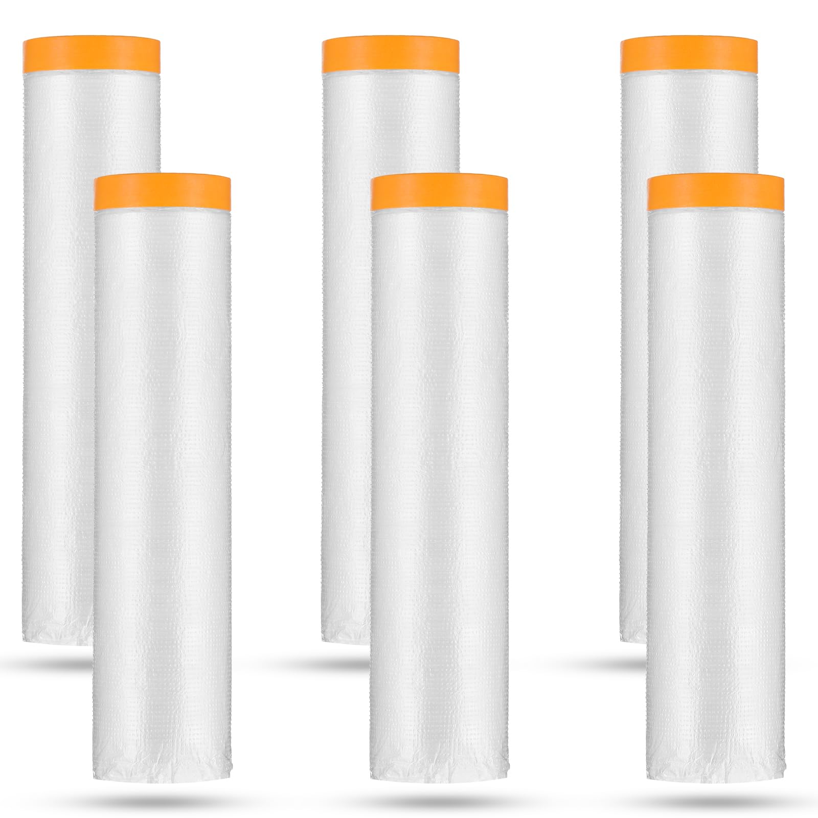 6 Rolls Painters Plastic With Tape, Pre-Taped Masking Film, Automotive Best Tape and Drape, Paint Adhesive Protective Film Roll for Covering Skirting,